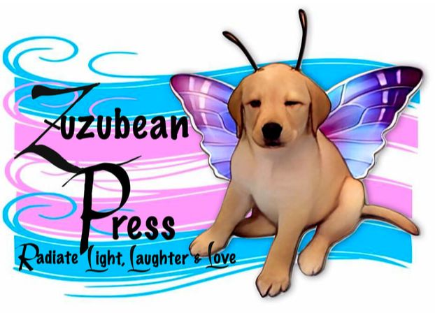 zuzubean press logo yellow lab puppy with wings over trans pride flag