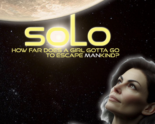 SoLo the play playbill - image of a woman looking at a planet in outerspace