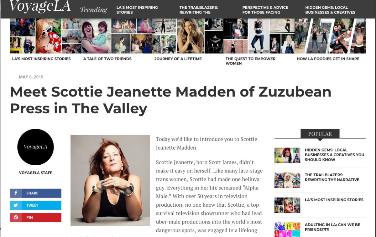 Screenshot of article on Voyage LA featuring Scottie Jeanette Madden and Zuzubean Press